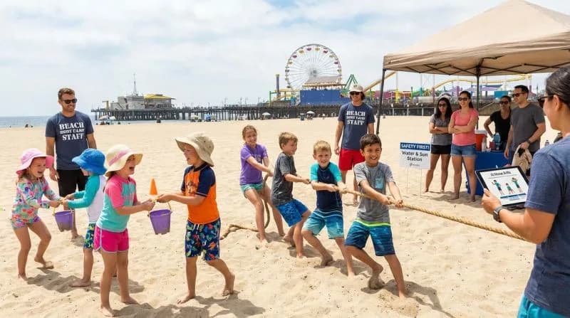 Kids on the beach in a team tug-of-war drill, with coaches running the session